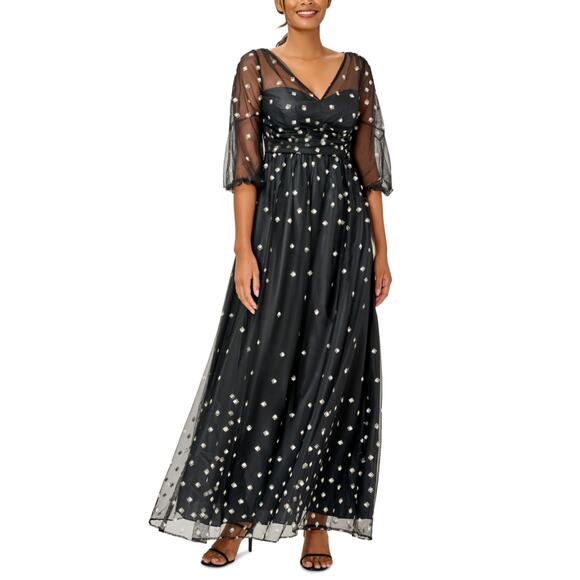 Adrianna Papell Dresses & Skirts - Adrianna Papell Glitter Dot Fit and Flare Evening Gown Black/Gold Size 6 Dress